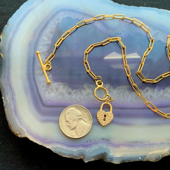 Paperclip Link Necklace with ‘Diamond’ Heart Locket Pendant Charm - Picture 5 of 5